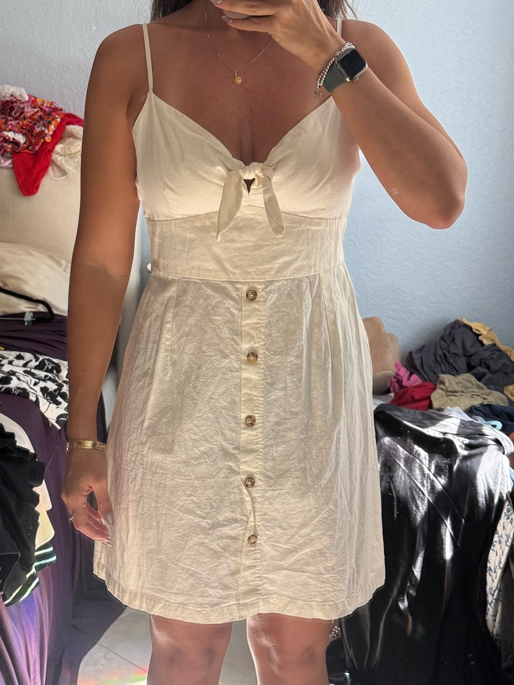 Derek Heart Cream Button-Front Tie-Front Mini Dress